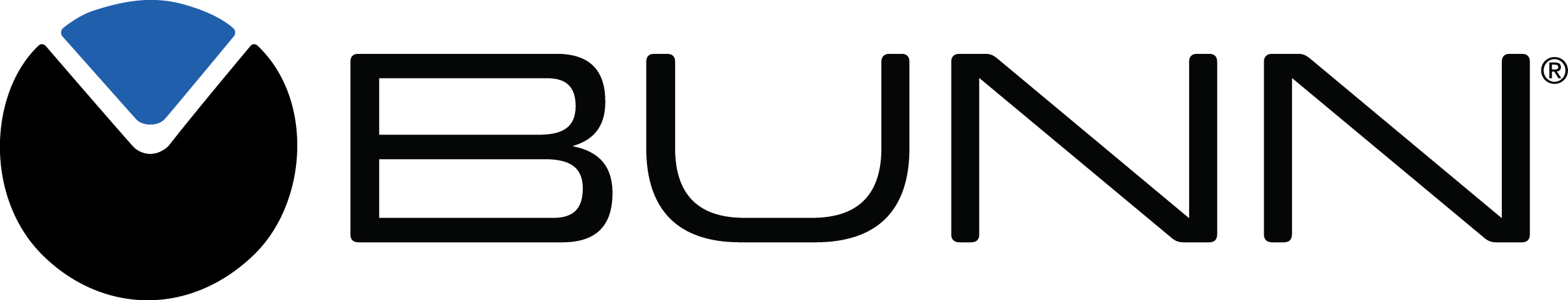 Bunn logo with a blue triangle on a black background
