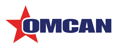 OMCAN logo in navy with a red star