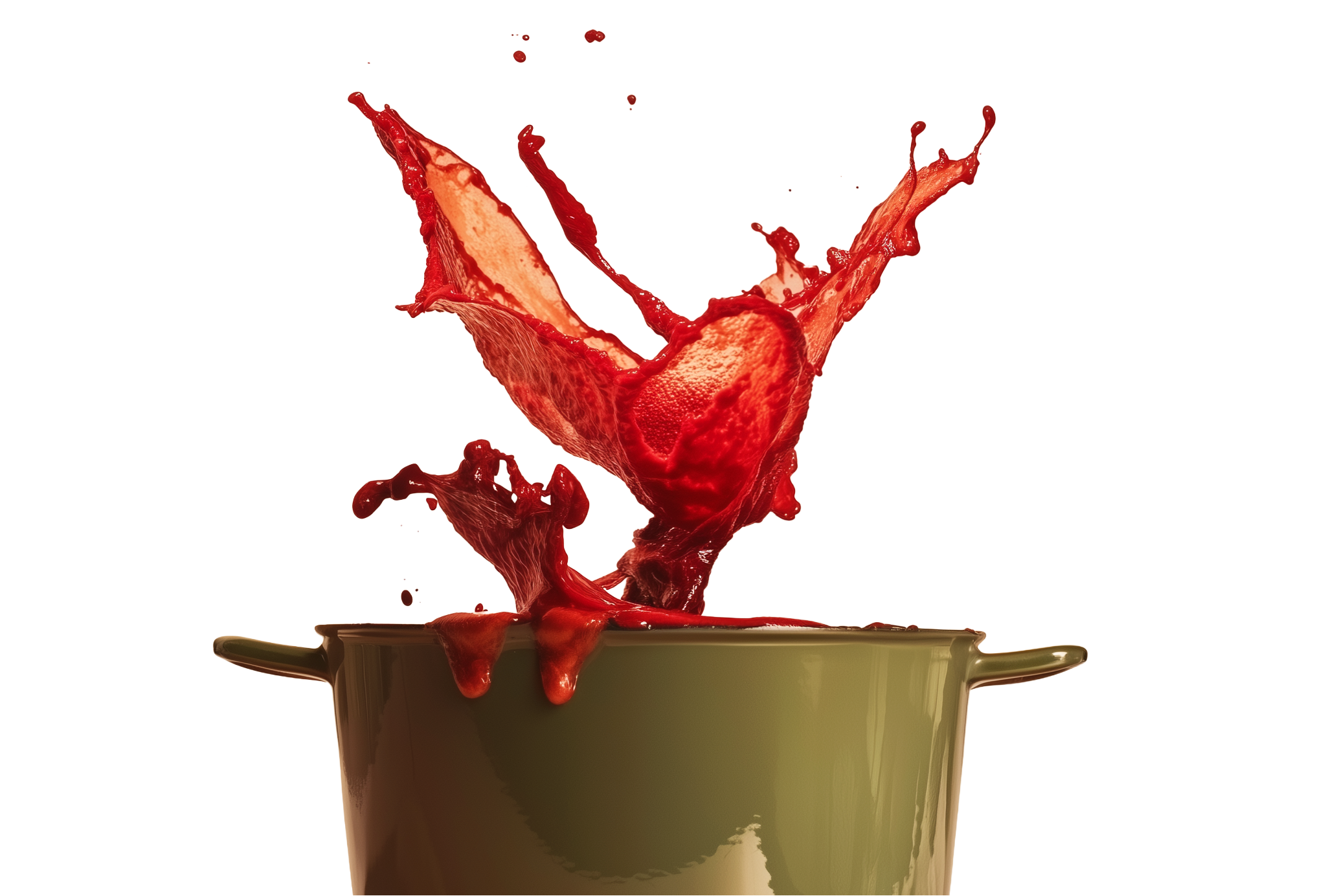 Red pasta sauce splashing out of a green pot on a bright yellow background